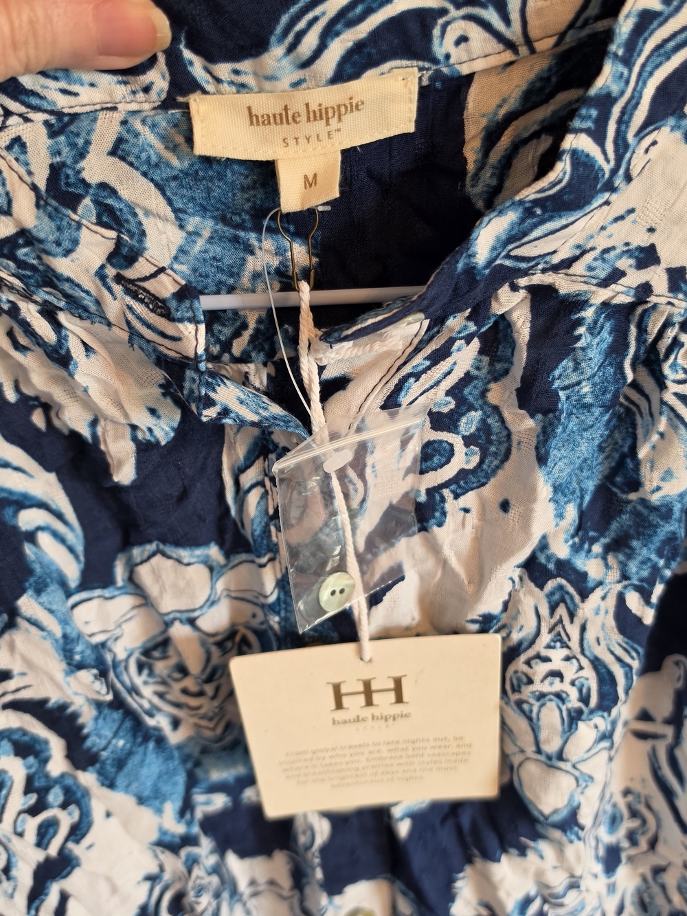 Haute Hippie Blue and White Printed Button-Front Blouse - Picture 2 of 4